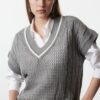 Trendyol Gray Wide Fit V-Neck Openwork Knitwear Sweater