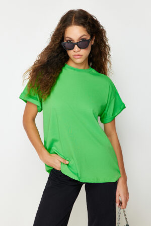Trendyol Green 100% Cotton Crew Neck Oversize/Wide Pattern Knitted T-Shirt