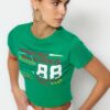 Trendyol Green 100% Cotton Slogan Printed Fitted Crop Knitted T-Shirt