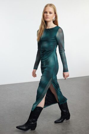 Trendyol Green Abstract Patterned Fitted Tulle Stretchy Maxi Knitted Dress