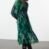 Trendyol Green Abstract Patterned Waist Opening Lined Midi Chiffon Woven Dress