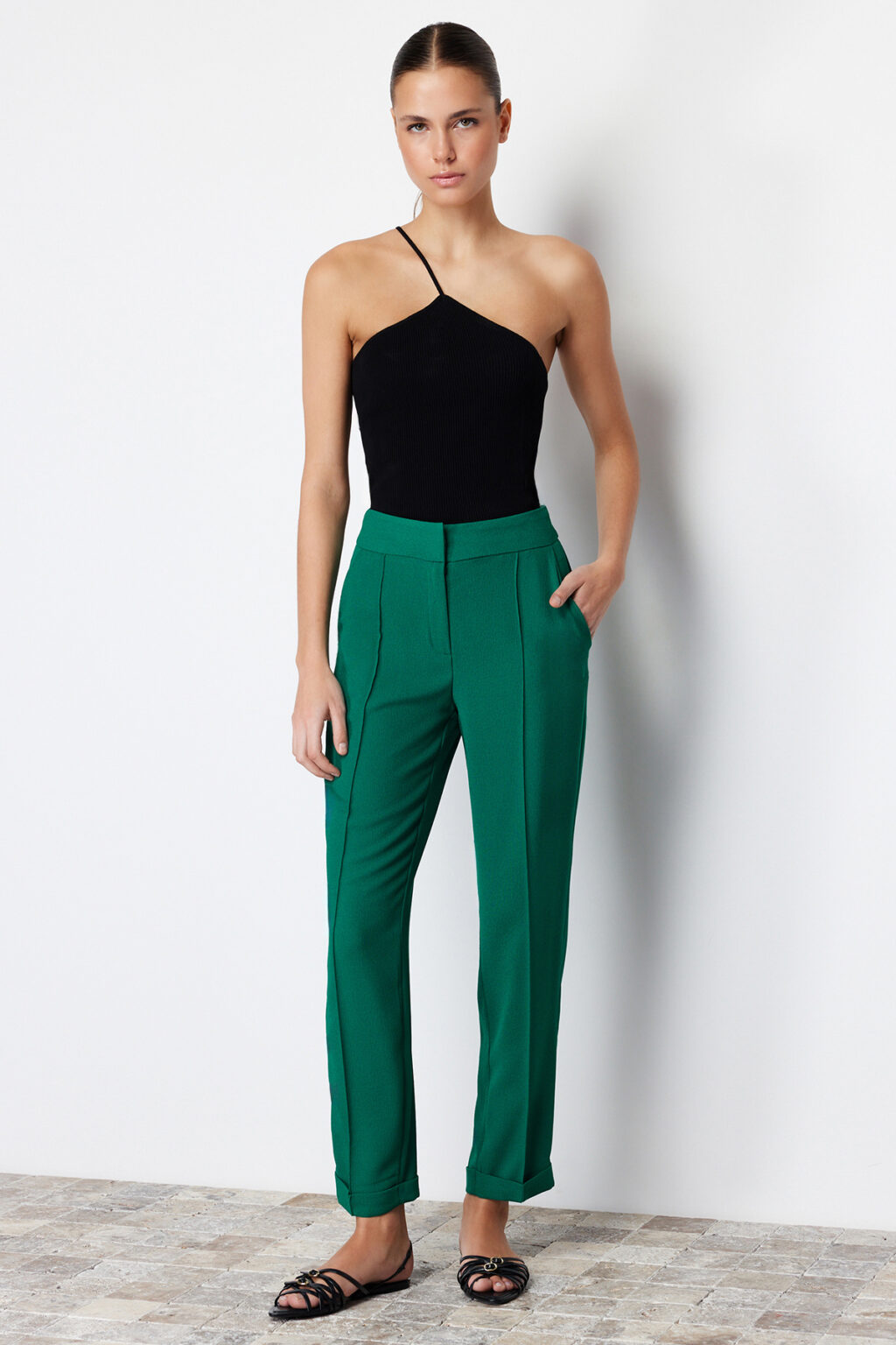 Trendyol Green Cigarette Ribbed Woven Trousers