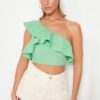 Trendyol Green Crop Woven Flounce One Shoulder 100% Cotton Blouse