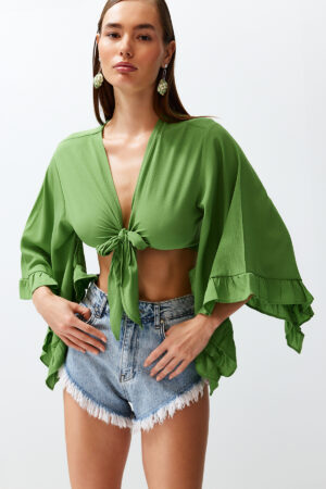 Trendyol Green Crop Woven Tied Beach Blouse