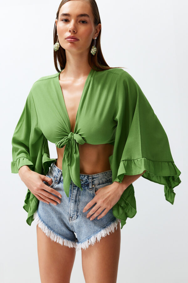 Trendyol Green Crop Woven Tied Beach Blouse