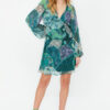 Trendyol Green Ethnic Patterned A-Line Collar Tied Mini Lined Chiffon Woven Dress