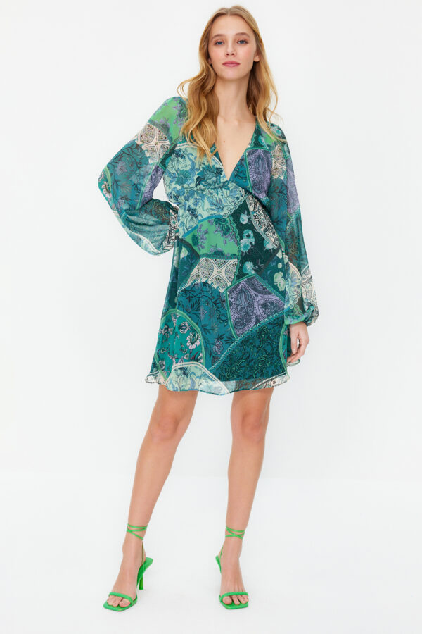 Trendyol Green Ethnic Patterned A-Line Collar Tied Mini Lined Chiffon Woven Dress
