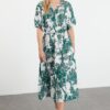 Trendyol Green Floral A-Line Double-Breasted Midi Woven Dress