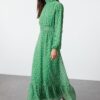 Trendyol Green Floral High Collar Waist Detailed Lined Chiffon Woven Dress
