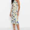 Trendyol Green Floral Print Halter Neck Belted Crepe Midi Knitted Dress