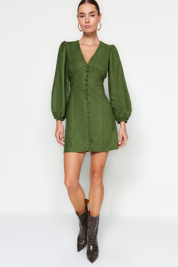 Trendyol Green Mini Balloon Sleeve V-nyakú velúr szőtt ruha