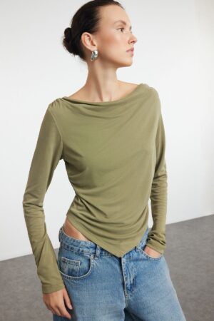 Trendyol Green Modal Fabric Lace Collar Draped Padded Asymmetrical Knitted Blouse