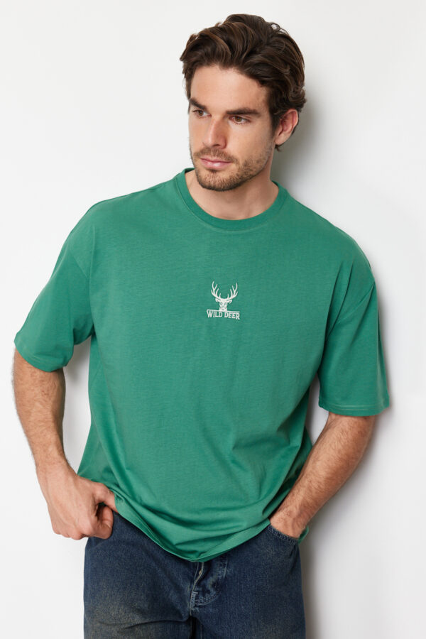 Trendyol Green Oversize/Wide Cut Deer Embroidered 100% T-Shirt