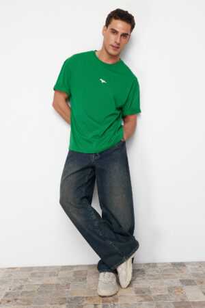 Trendyol Green Oversize/Wide Cut Dinosaur Embroidered 100% Cotton T-Shirt