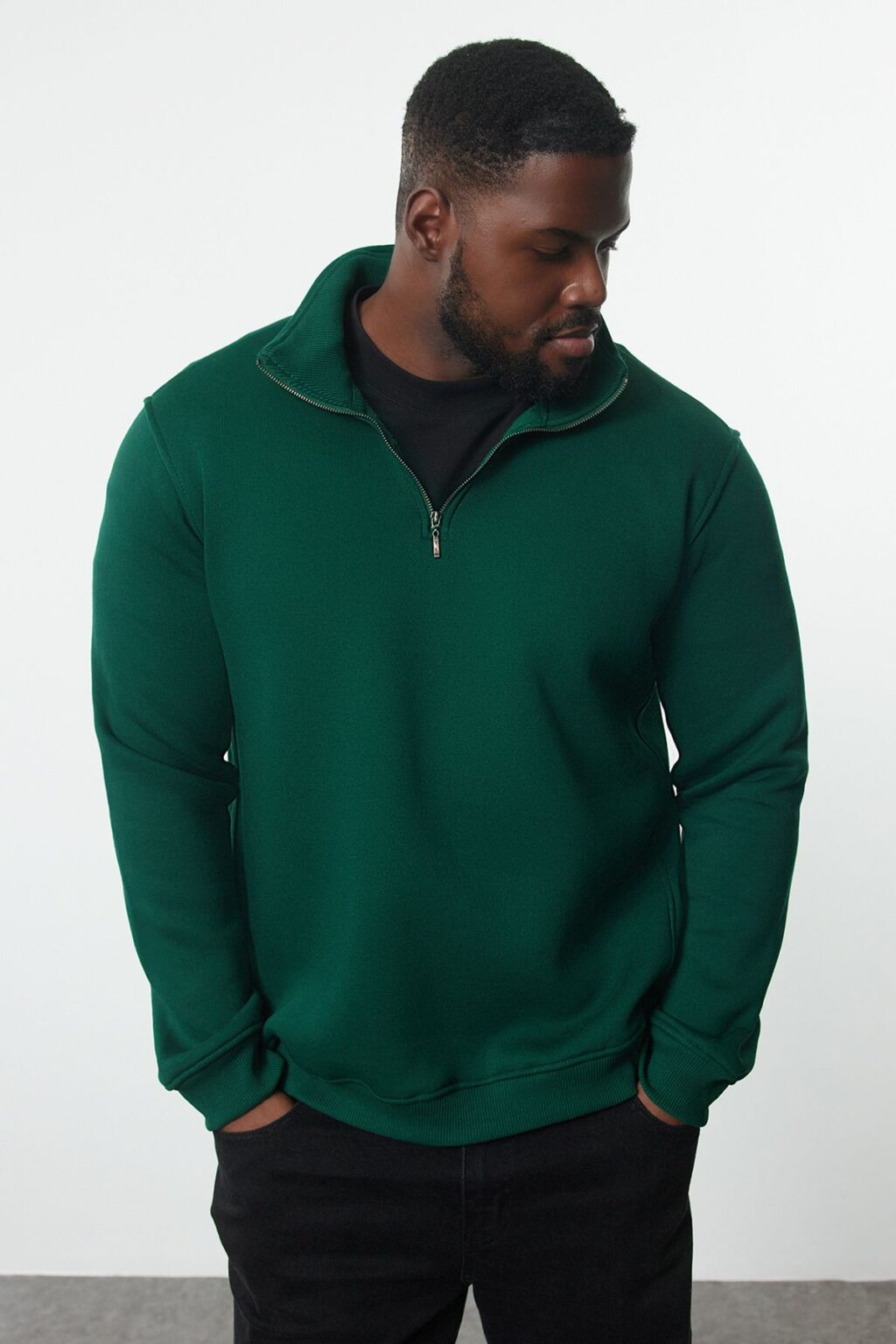 Trendyol Green Plus Size Regular/Normal Cut Stand Collar Zippered Inside Polar Fleece Sweatshirt