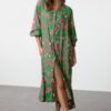 Trendyol Green Printed Midi Wide Neck Border Pattern Detailed Woven Dress Woven Dress