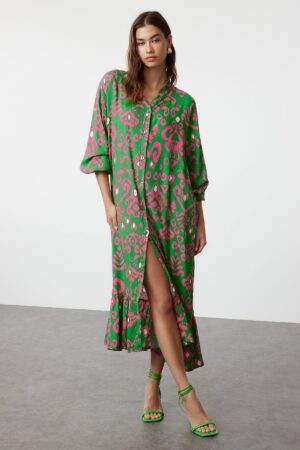 Trendyol Green Printed Midi Wide Neck Border Pattern Detailed Woven Dress Woven Dress