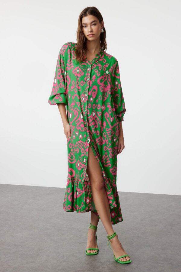 Trendyol Green Printed Midi Wide Neck Border Pattern Detailed Woven Dress Woven Dress