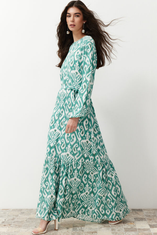 Trendyol Green Shawl Patterned Belted Woven Dress