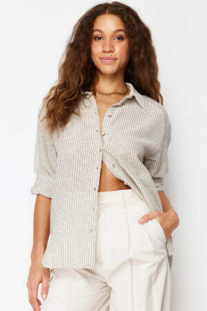 Trendyol Green Striped Oversize Linen Look Woven Shirt Trendyol Green Striped Oversize Linen Look Woven Shirt