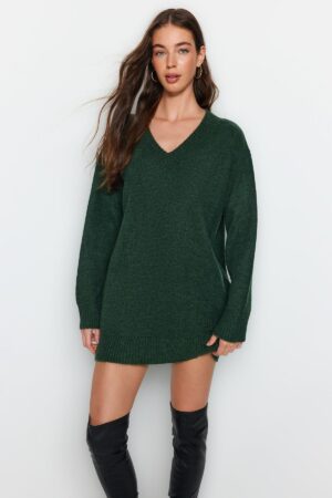 Trendyol Green Super Mini kötöttáru puha texturált V nyakú tunika ruha