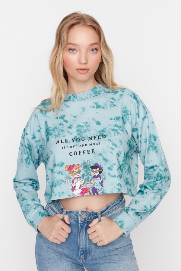 Trendyol Green The Flintstones Printed Crop Knitted Sweatshirt