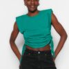 Trendyol Green Viscose Wadding and Shirring Detailed Basic Crew Neck Knitted T-Shirt
