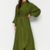 Trendyol Green Waist Draped Balloon Sleeve Self-Patterned Evening Dress