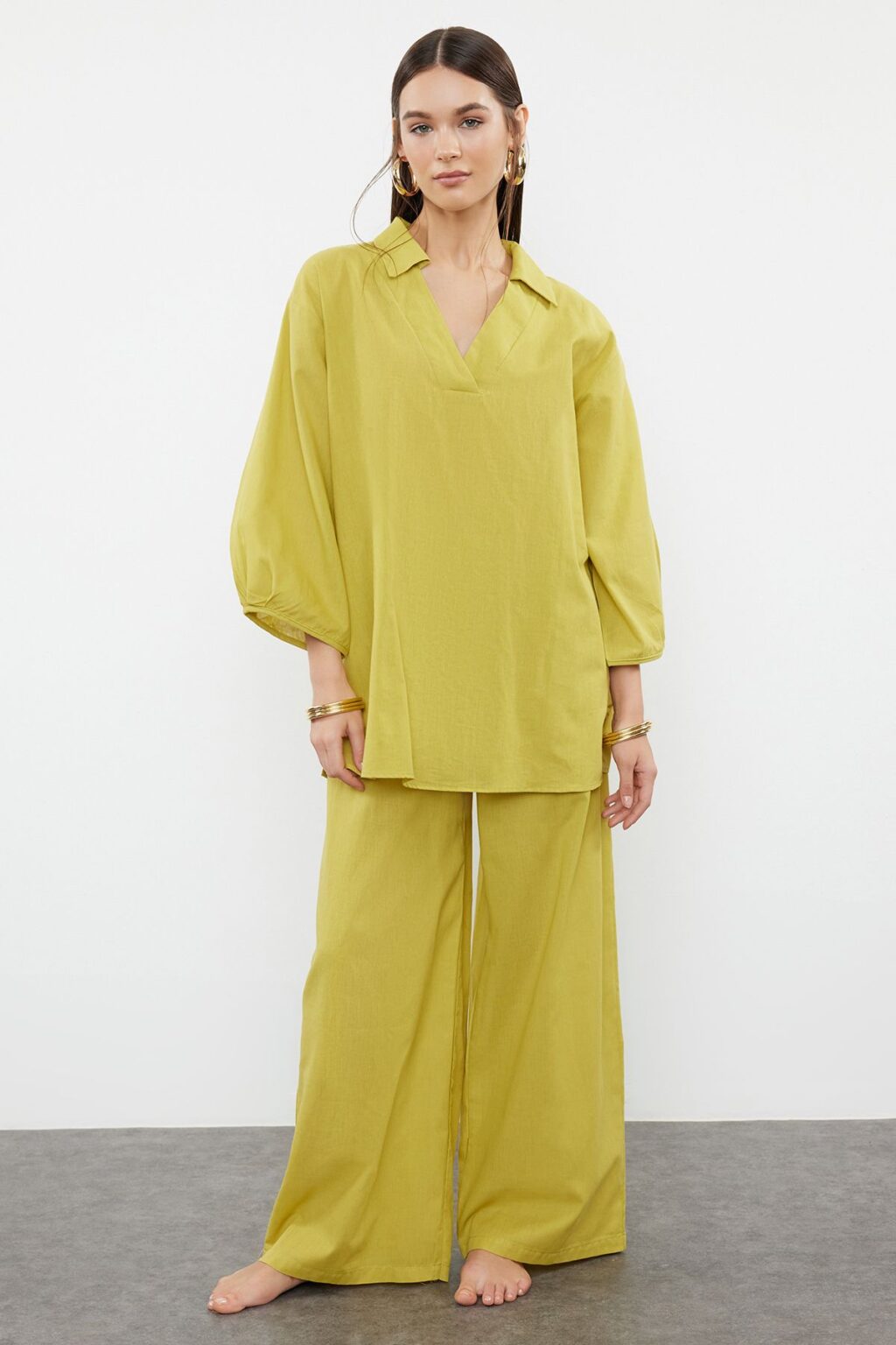Trendyol Green Weaving 100% Cotton Blouse Trousers Beach Set