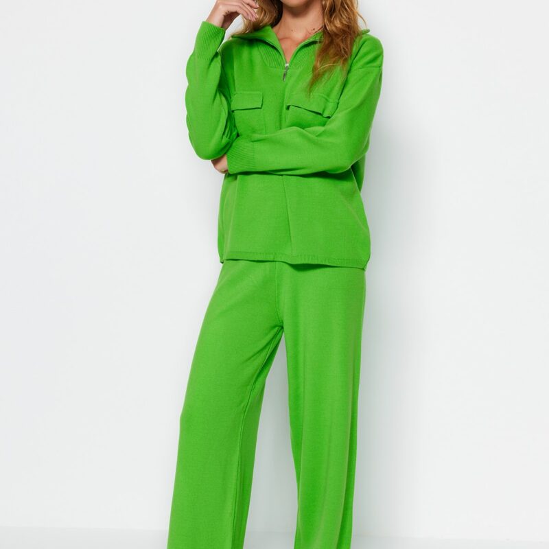 Trendyol Green Wide Fit Zippered and Pocketed Knitwear Bottom-Top Set