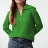Trendyol Green Wool Wide Pattern Turn-down Collar Zippered Knitwear Sweater