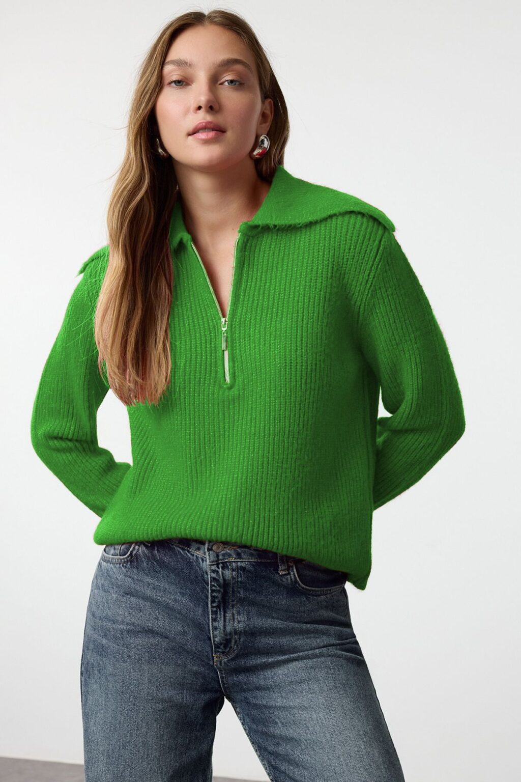 Trendyol Green Wool Wide Pattern Turn-down Collar Zippered Knitwear Sweater