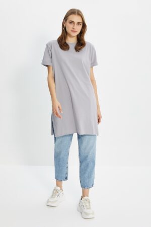 Trendyol Grey 100% Cotton Basic Short Sleeve Slit Jersey Base Layer T-Shirt Trendyol Grey 100% Cotton Basic Short Sleeve Slit Jersey Base Layer T-Shirt