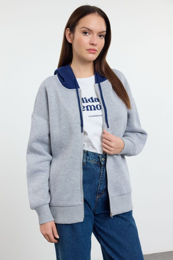 Trendyol Grey Melange Color Block Oversize/Wide Pattern Hooded Zippered Knitted Sweatshirt