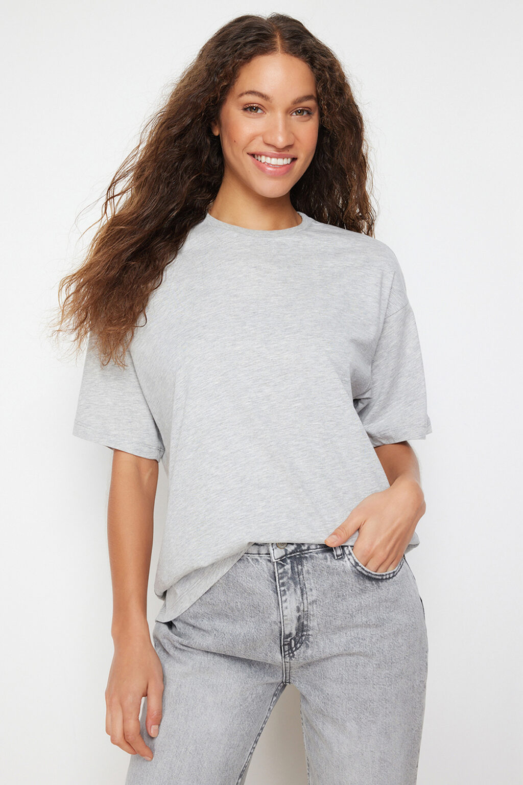 Trendyol Grey Melange Crew Neck Oversize/Wide Pattern Knitted T-Shirt