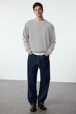Trendyol Grey Melange Oversize/Wide Cut Embossed Text Printed Inside Polar Fleece Sweatshirt