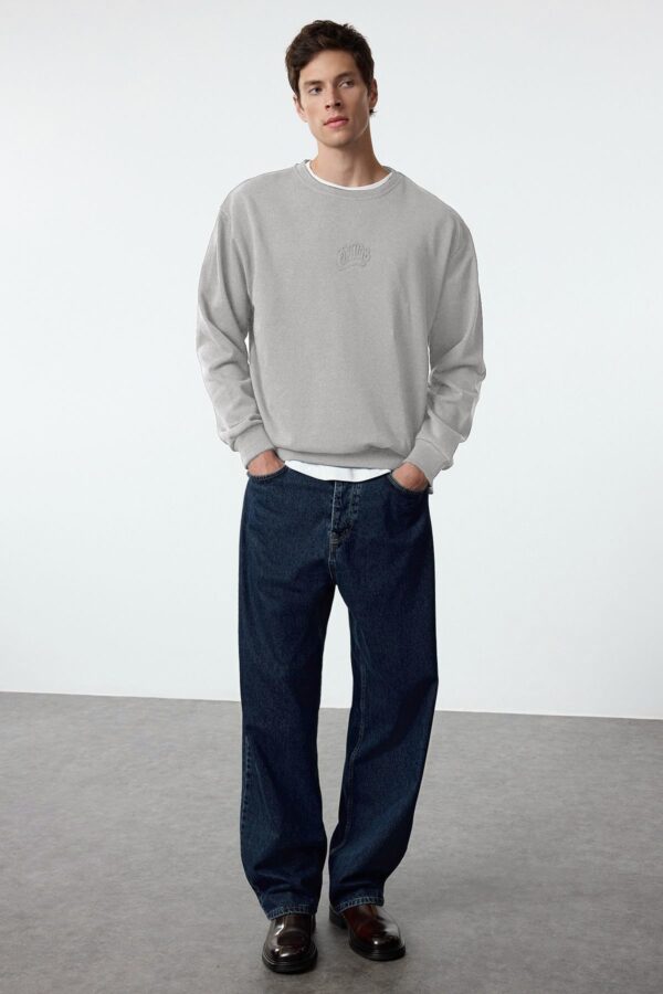 Trendyol Grey Melange Oversize/Wide Cut Embossed Text Printed Inside Polar Fleece Sweatshirt