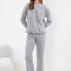 Trendyol Grey Melange Printed Pocket and Ruffle Detailed Knitted Pajama Set