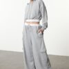 Trendyol Grey Melange Wide Leg Cargo Pocket Woven Garni Detailed Thick Knitted Sweatpants