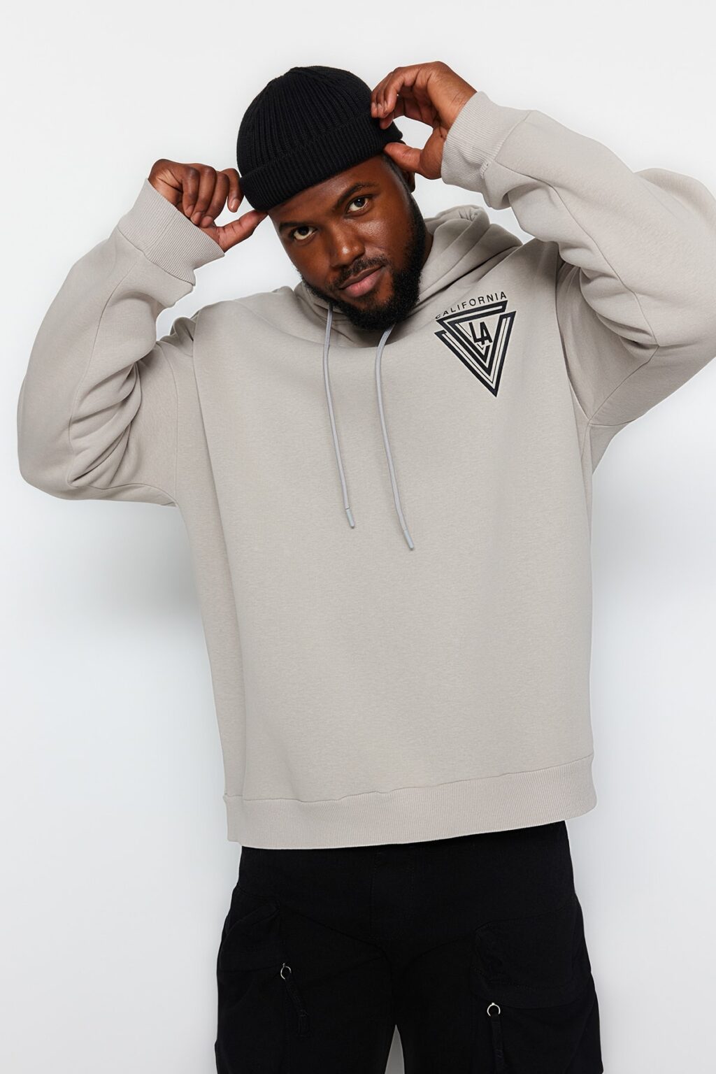 Trendyol Grey Plus Size Hooded Oversize/Wide Cut Fleece Inside Fluffy Printed Sweatshirt