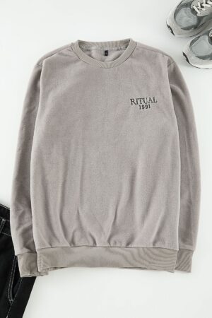 Trendyol Grey Regular/Normal Cut Crew Neck Anti-pilling Polar Fleece Text Print Sweatshirt