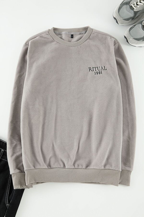 Trendyol Grey Regular/Normal Cut Crew Neck Anti-pilling Polar Fleece Text Print Sweatshirt