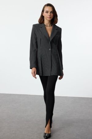 Trendyol Grey Striped Premium Polyviscon Woven Blazer Jacket