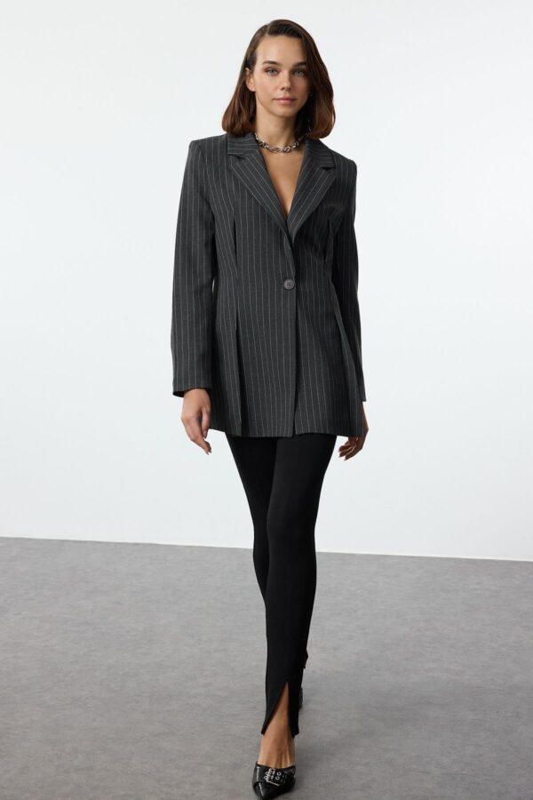 Trendyol Grey Striped Premium Polyviscon Woven Blazer Jacket