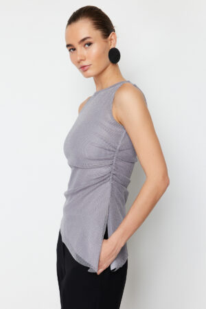 Trendyol Grey Tulle Pleated Regular/Normal Pattern Zero Sleeve Flexible Knitted Blouse Trendyol Grey Tulle Pleated Regular/Normal Pattern Zero Sleeve Flexible Knitted Blouse
