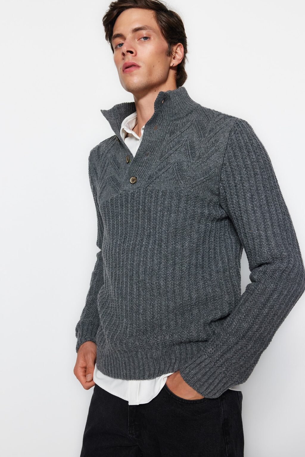 Trendyol Grey Unisex Regular Fit Wool Half Turtleneck Knitwear Sweater