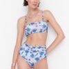 Trendyol High Waist Bikini Bottoms With Floral Pattern Shirring