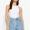 Trendyol High Waist Denim Shorts With Blue Stones