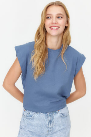 Trendyol Indigo 100% Cotton Padded Look Basic Crew Neck Knitted T-Shirt