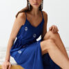 Trendyol Indigo A-Cut Embroidery V-Neck Midi Woven Dress